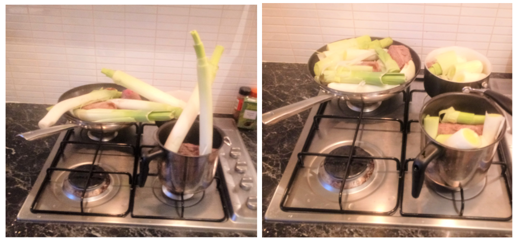 Saucepans with whole leeks protruding and saucepans with chopped leeks on top