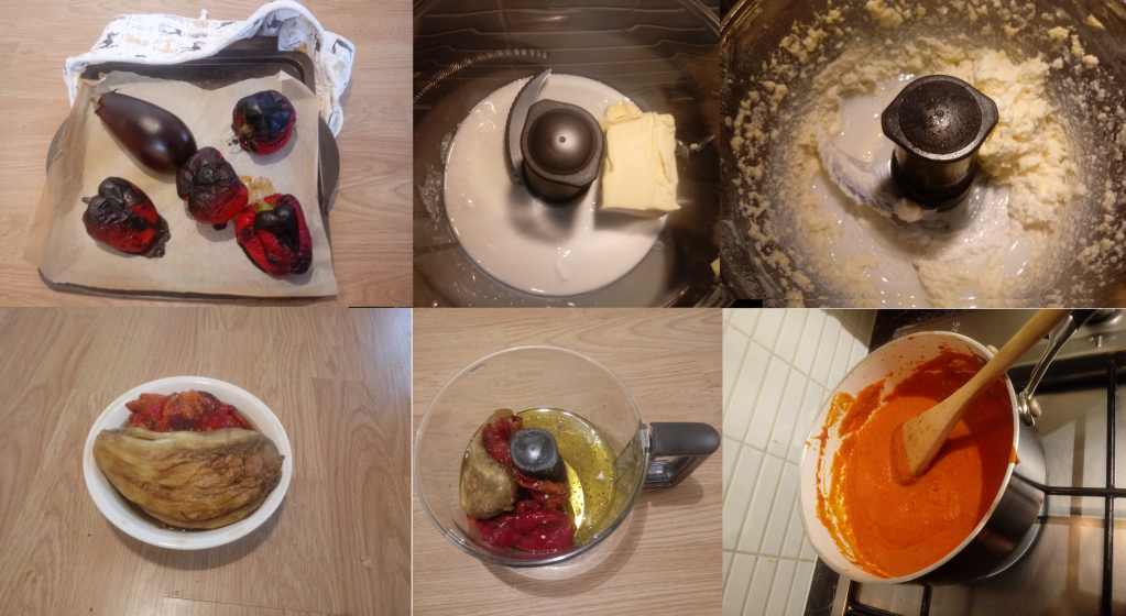 Burnt vegetables on a tray, butter and milk being blended, red pepper and aubergine flesh in a bowl and in a blender with oil, and Serbian ajvar pepper sauce being stirred in a metal saucepan. 